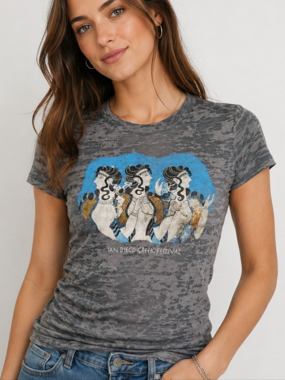San Diego Greek Festival "Ladies in Blue" Burnout Tee Heather Gray size Med